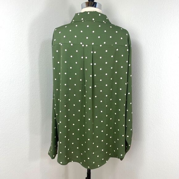 Torrid 2 Moss Green Blouse White Polka Dot Long Sleeve Pockets Button Front Flaw - Picture 8 of 13